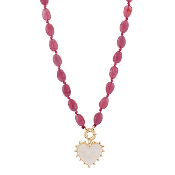 MOP Heart & Mable Stone Bead Necklace - Picture 2 of 3